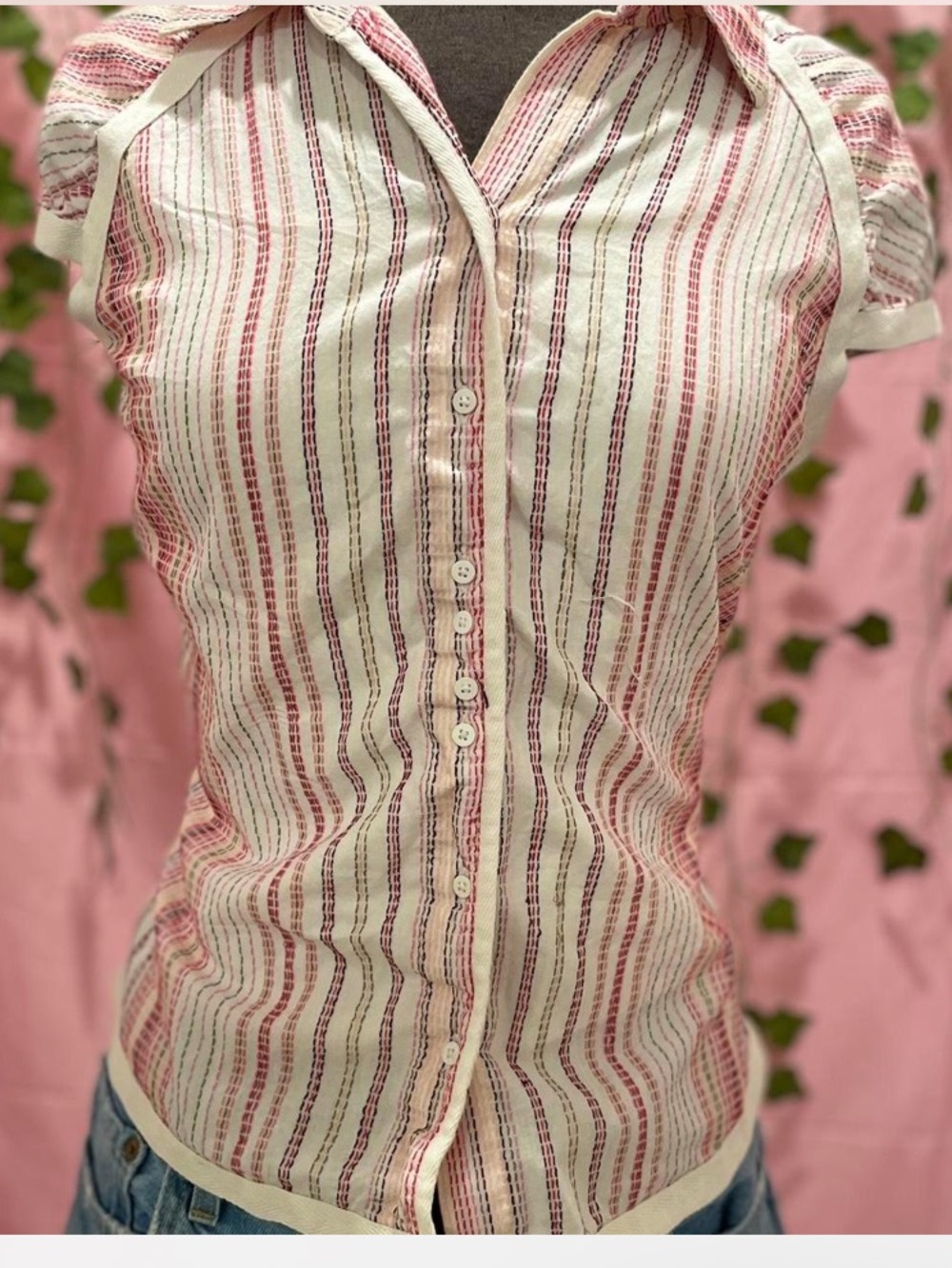 Striped Button-Front Women’s Top in Pink and White